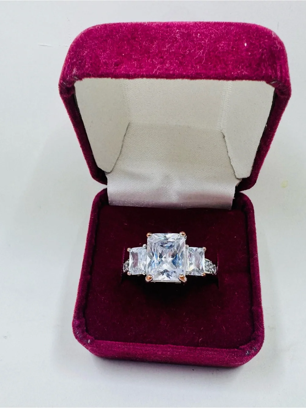 Vintage Three-Stone Square Cut White Crystal Ring - Sparkling Statement